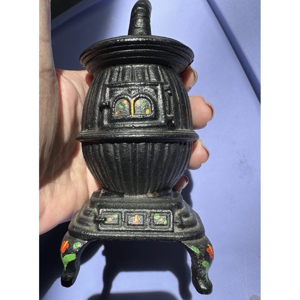 Vintage Cast Iron Pot Belly Wood Stove Hand Painted Miniature